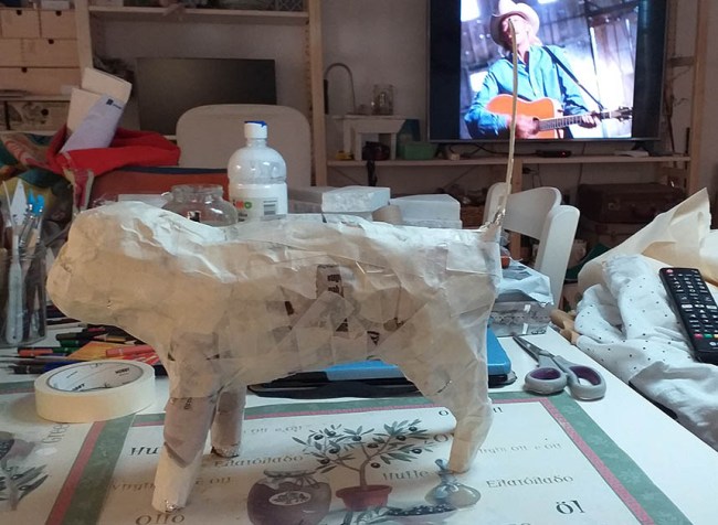 Cardboard and masking tape.